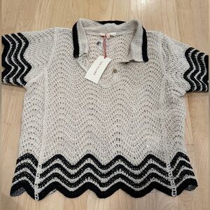 Solitaire Cream and Black Crochet Wave-Trim Sweater